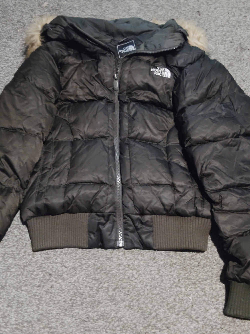 Women's The North Face Brown Quilted Puffer Jacket with Faux-Fur Trim Hood